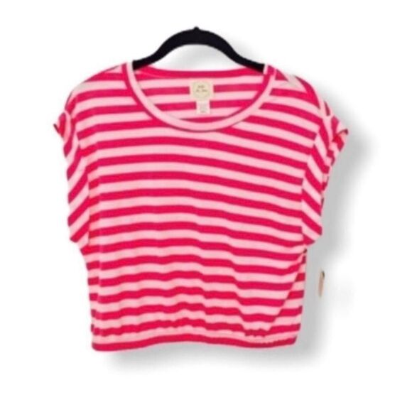 Belle du Jour Pink & White Striped Cropped Tee Shirt Women’s Size Small NWT - Picture 3 of 5